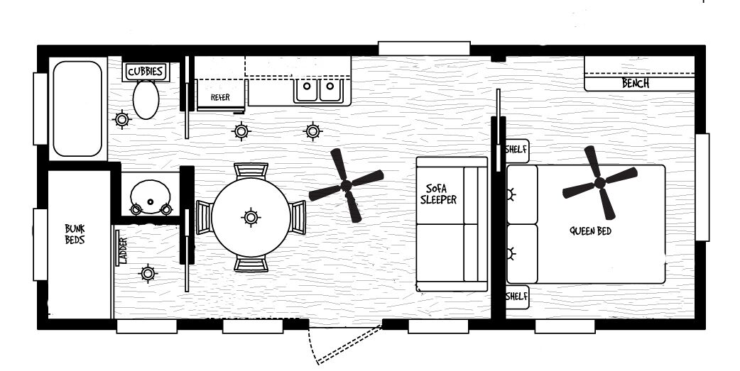 Plano de una habitación de hotel con literas, sofá cama, una cama tamaño queen, escritorio, silla, mesa, sofá, televisor, estantería, armario y baño.