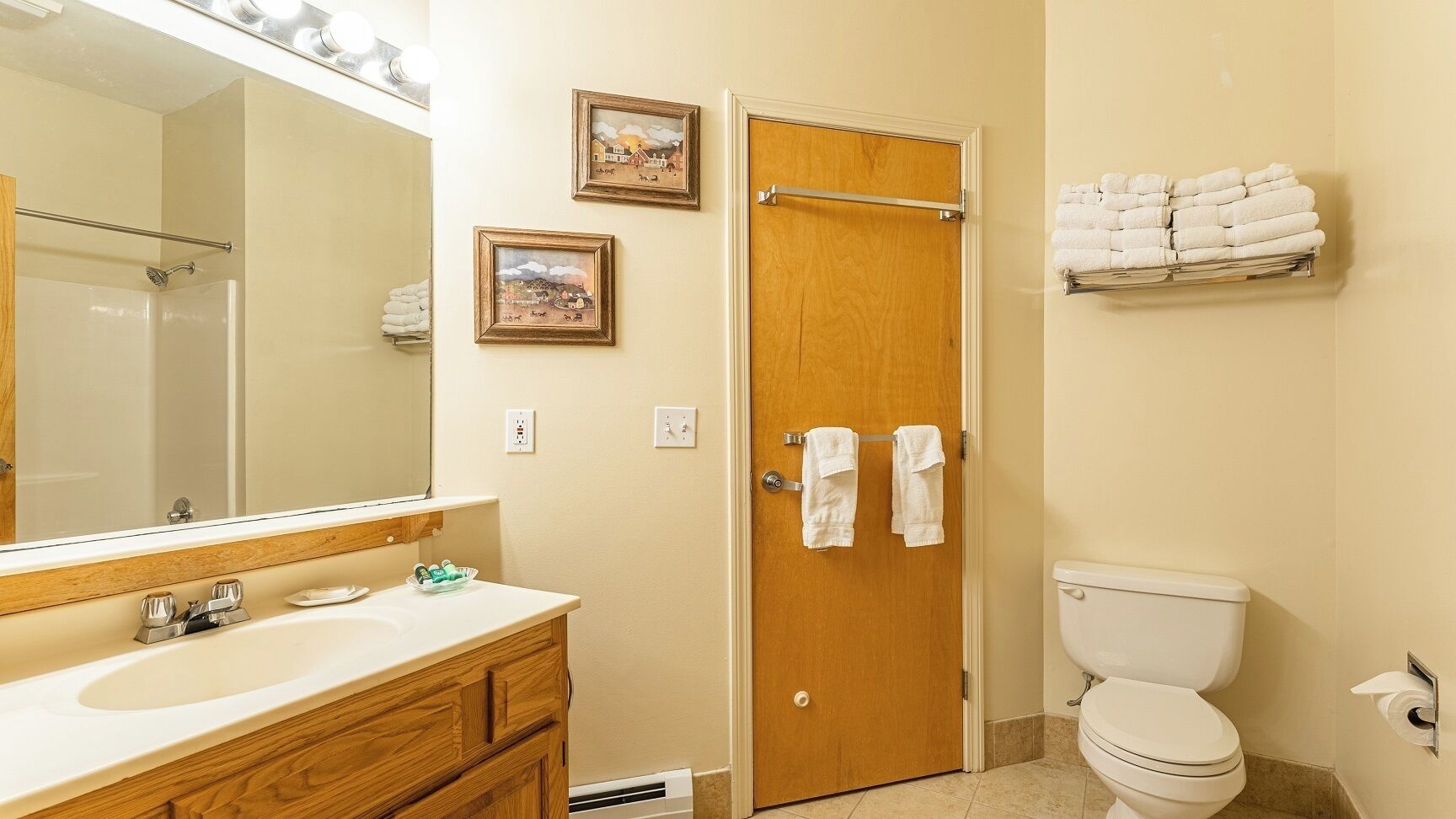 Un bagno con un mobile vanitario in legno, un lavandino, uno specchio, un WC e un porta asciugamani.