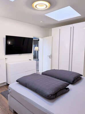 Une chambre à coucher moderne avec un lit, un téléviseur, un radiateur et une fenêtre de toit.