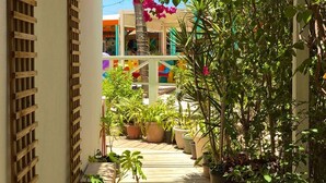 A narrow outdoor corridor with a wooden lattice on one side and a variety of potted plants on the other.