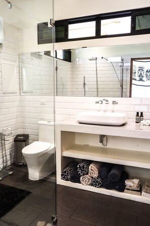A modern bathroom with a glass shower enclosure, white tiles, a white sink, and a mirror above it. - Villa costa pura vida ( Bill )  (Ojochal)