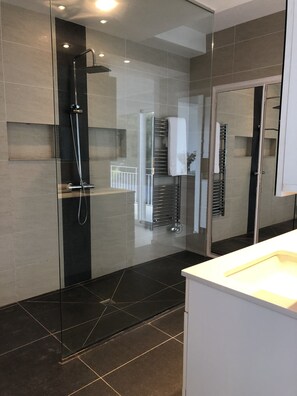 Shower, hair dryer, towels