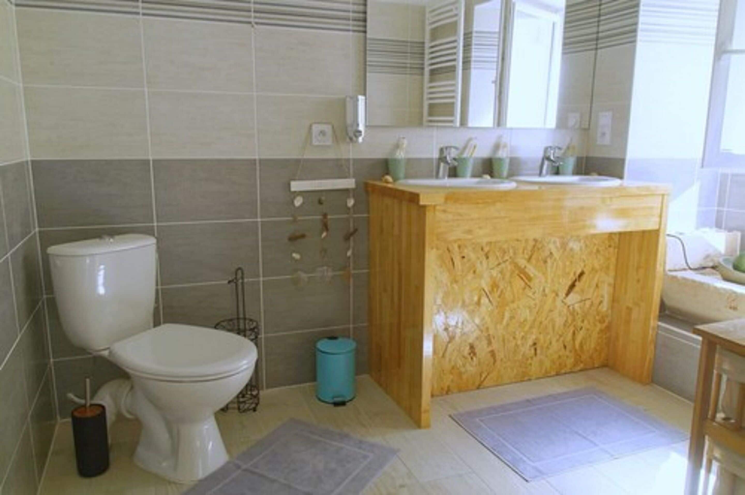 A bathroom with a toilet, sink, and mirror.