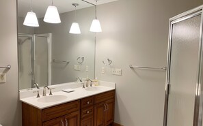 Combined shower/bathtub, jetted bath, hair dryer, towels