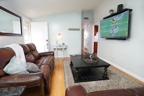 Smart TV, fireplace, DVD player, books