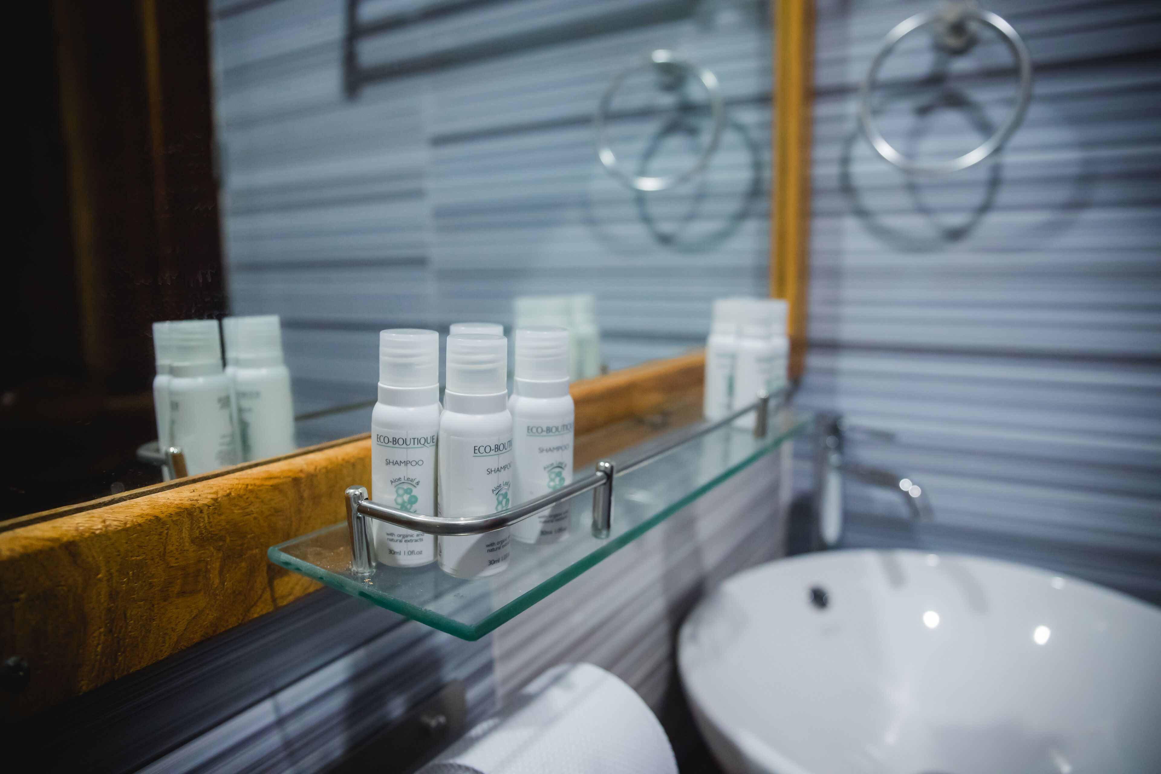 A bathroom with a glass shelf holding bottles of shampoo, a sink, and a mirror.