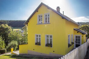A yellow house with two windows and a door, surrounded by greenery and a fence.