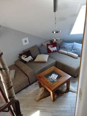 A modern living room with a sectional sofa, a wooden coffee table, and a ceiling light fixture. - Hunting Lodge Harz (Bad Sachsa)