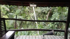 Um deck de madeira com um banco e um candeeiro, com vista para uma floresta densa.