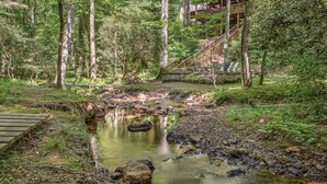 A forested area with a small stream, wooden bridge, and a wooden deck. - Colby's Cabin- Pet Friendly | Creek Access | Screened Porch (Blue Ridge)