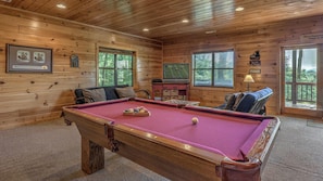 A wooden cabin with a pool table, framed pictures, and a billiards table. - High Country Hideaway- Pet Friendly | Close to Town | Large Hot Tub | Outdoor Fireplace (Blue Ridge)
