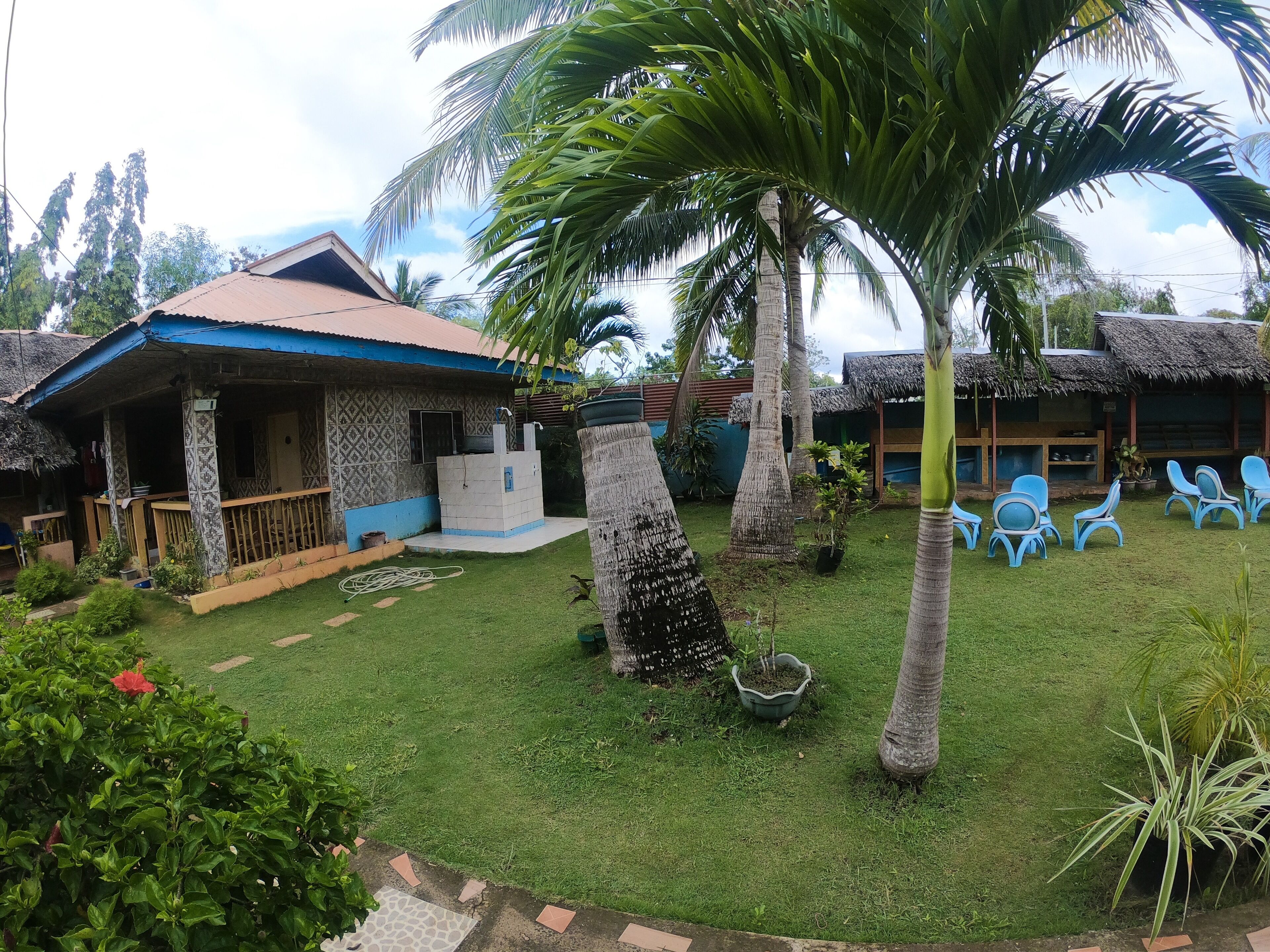 A house with a blue roof and a thatched roof structure, surrounded by a well-maintained lawn and several potted plants.