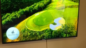 A flat-screen TV mounted on a wall, displaying a golf course. - One bedroom resort condo on Golf Course with pool. 10 minutes to SDC! (Branson West)