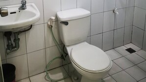 Un bagno con WC, lavandino e doccia.