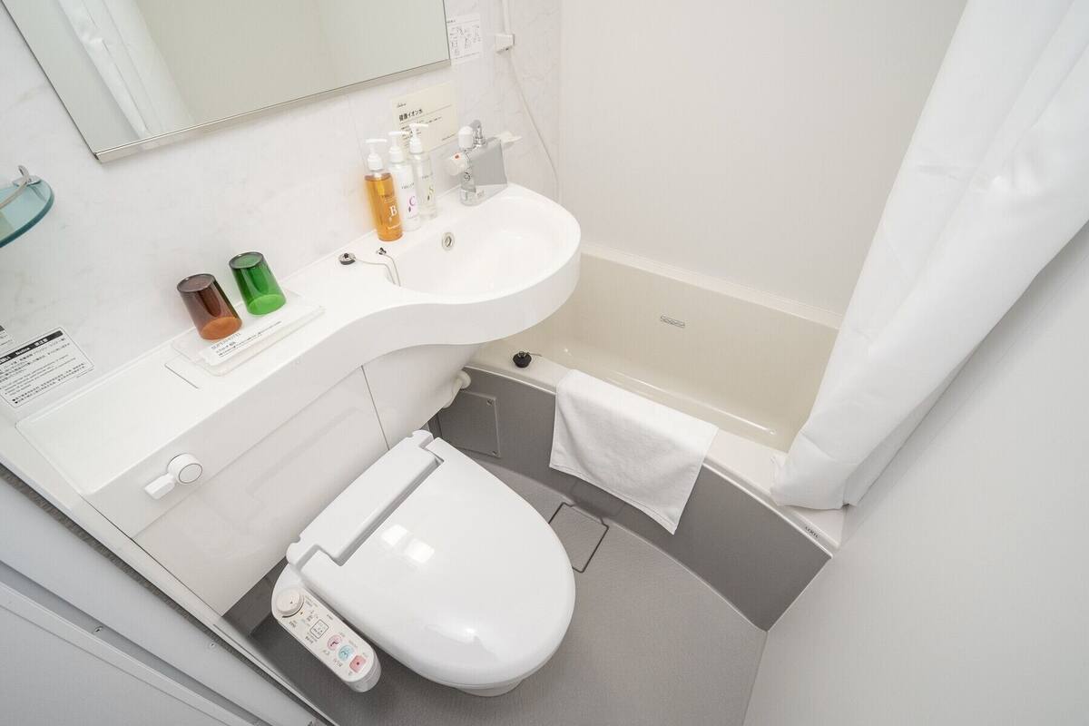 combined shower/bathtub, free toiletries, hair dryer, slippers