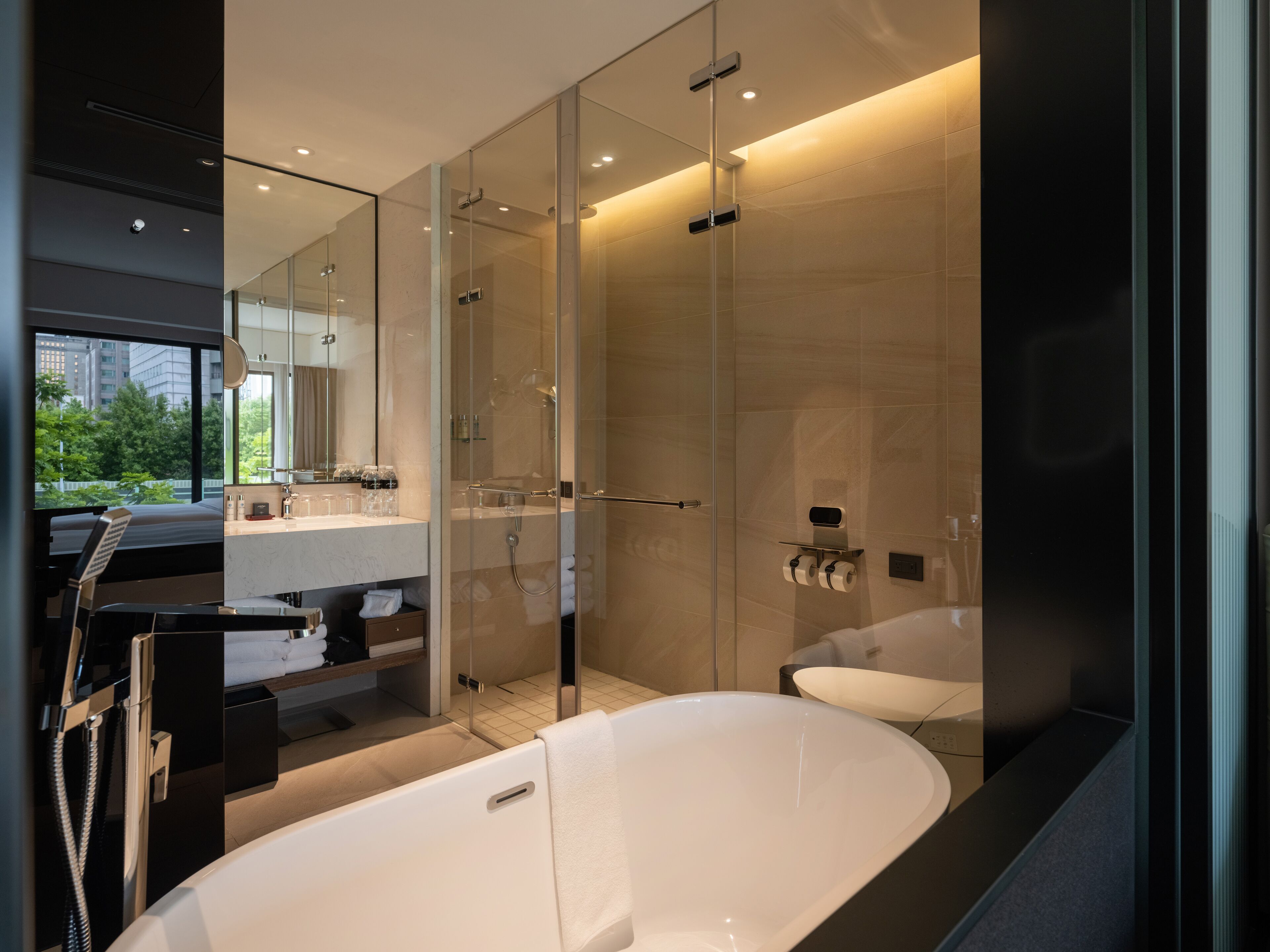 the studio, 3 large twin beds | bathroom | hair dryer, bathrobes, slippers, electronic bidet