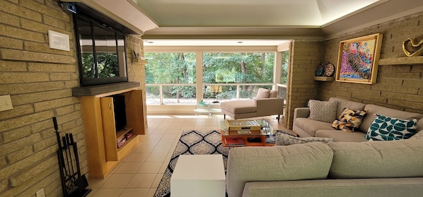 Smart TV, fireplace, books
