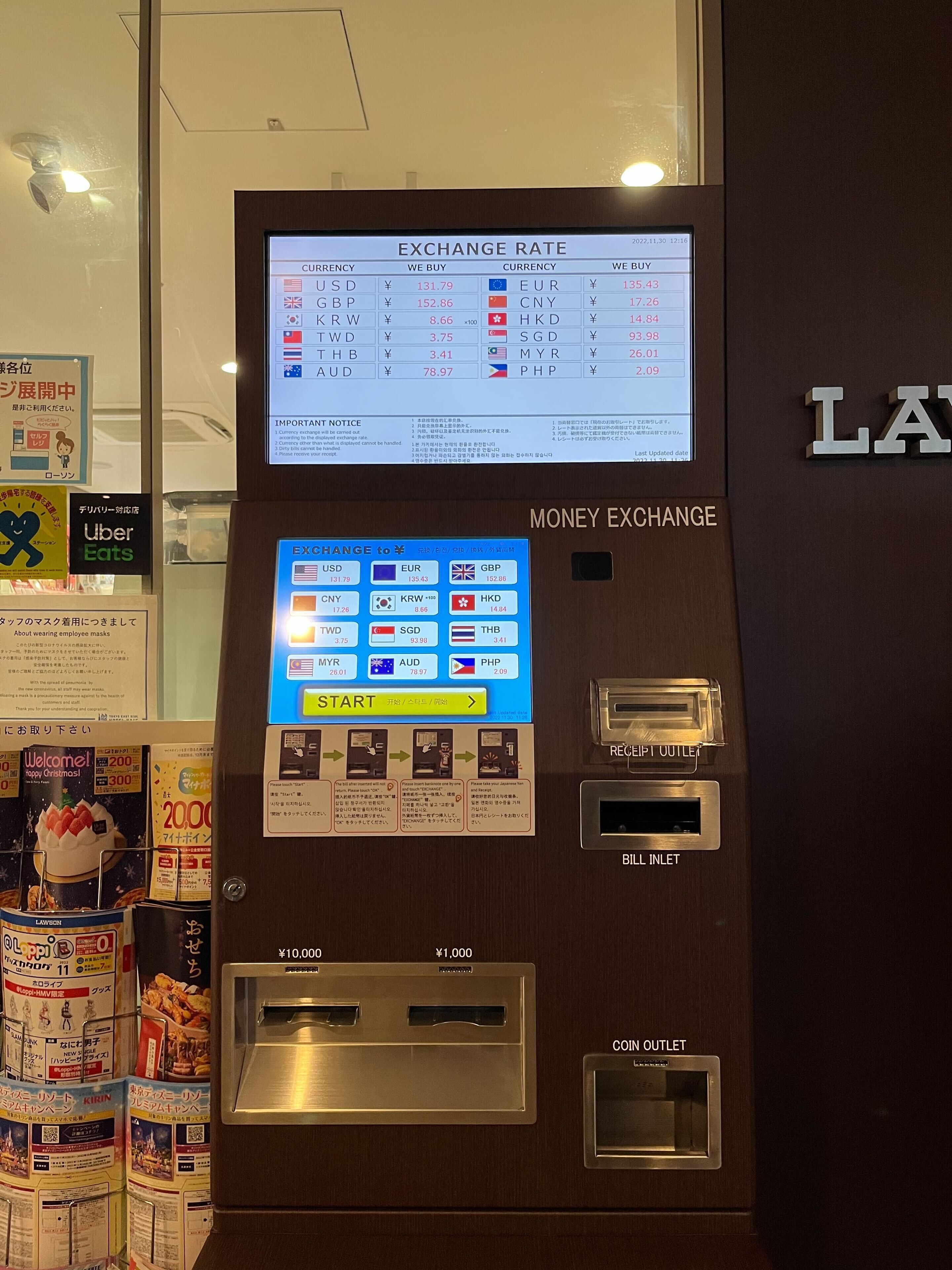 Un distributeur de change affichant les taux de change sur un écran numérique.