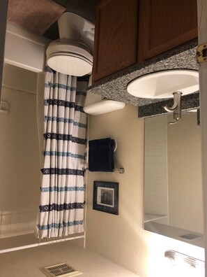 Combined shower/tub, hair dryer, soap, shampoo