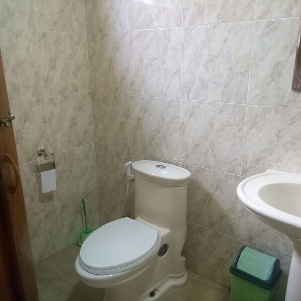 Un baño pequeño con inodoro, un bote de basura verde y un lavamanos.