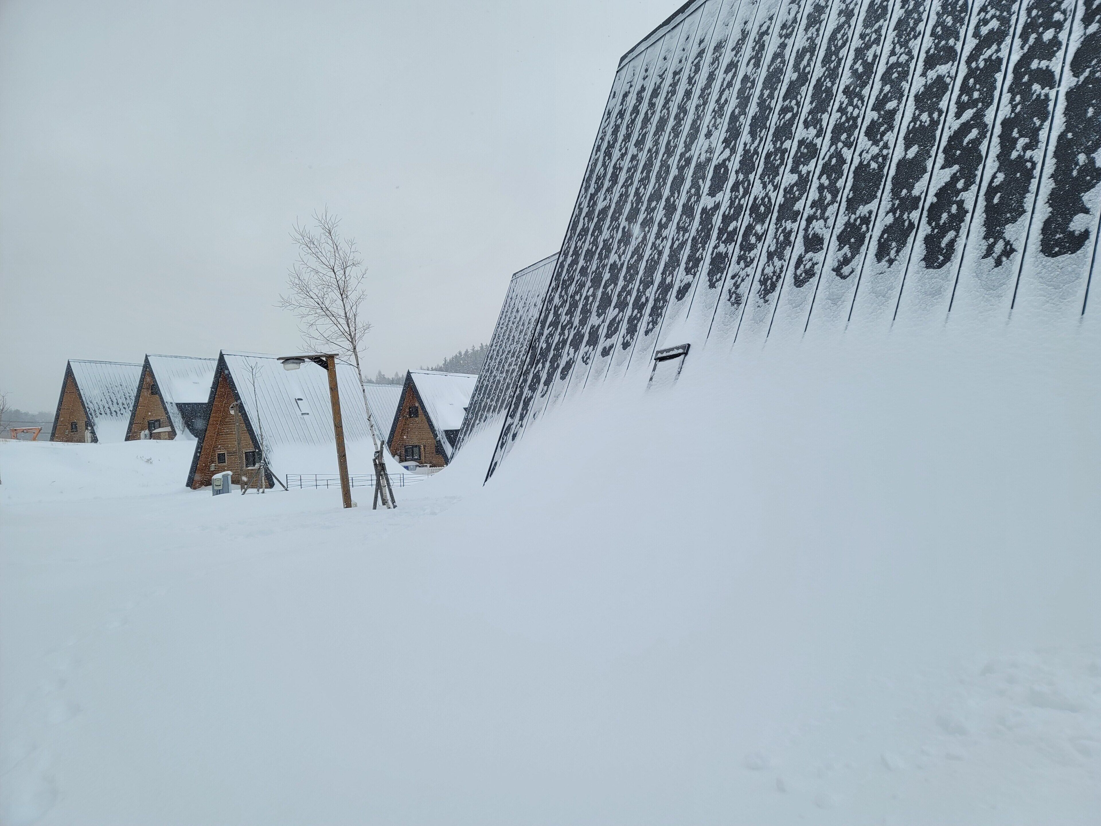 A snow-covered landscape with a large building featuring a unique facade with repetitive patterns.