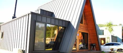 A modern house with a sloped roof, large windows, and a visible chimney.