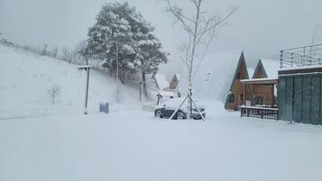 A snowy landscape with a wooden cabin and a car parked in front.