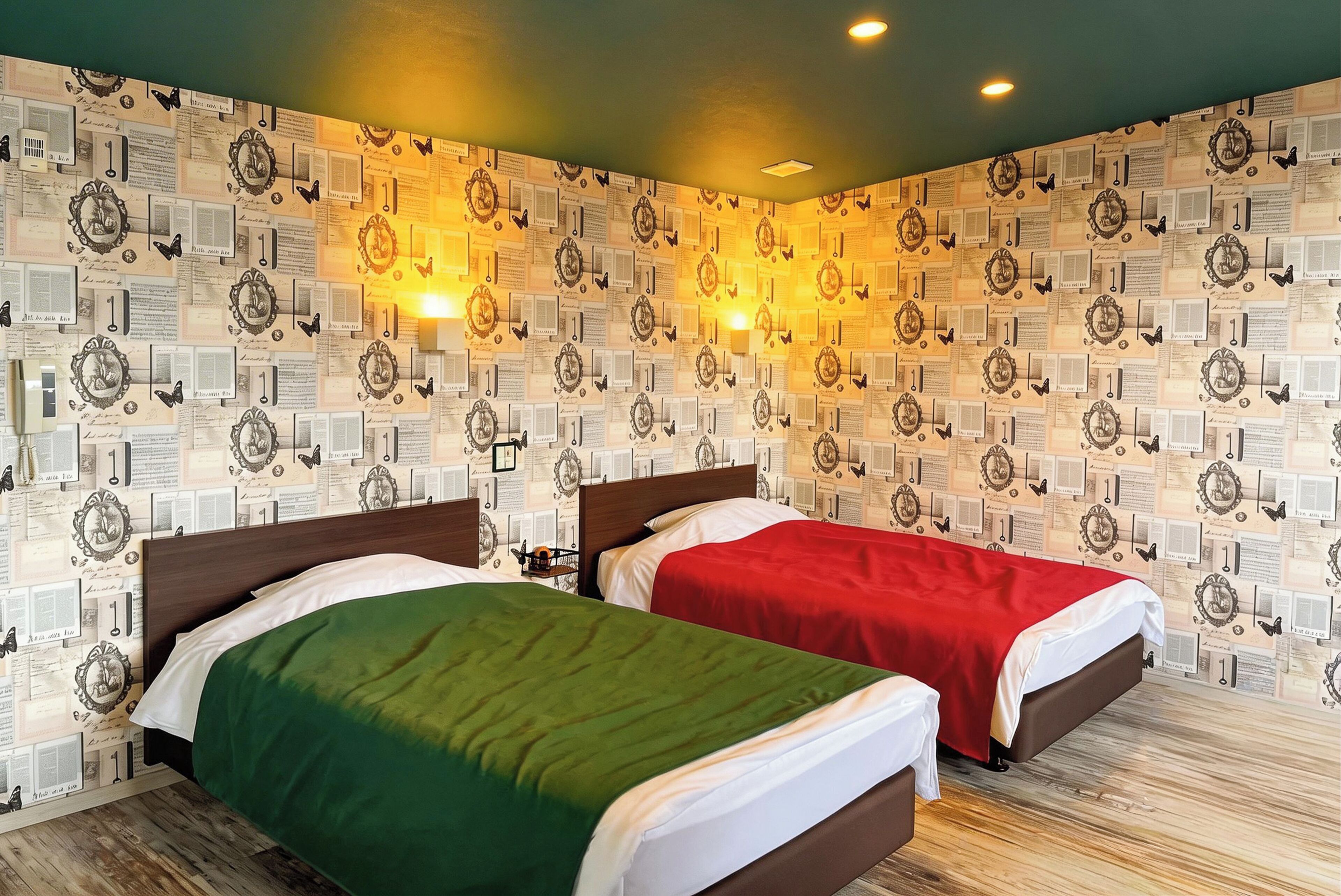 A room with two beds, a patterned wallpaper, and wall-mounted lights.