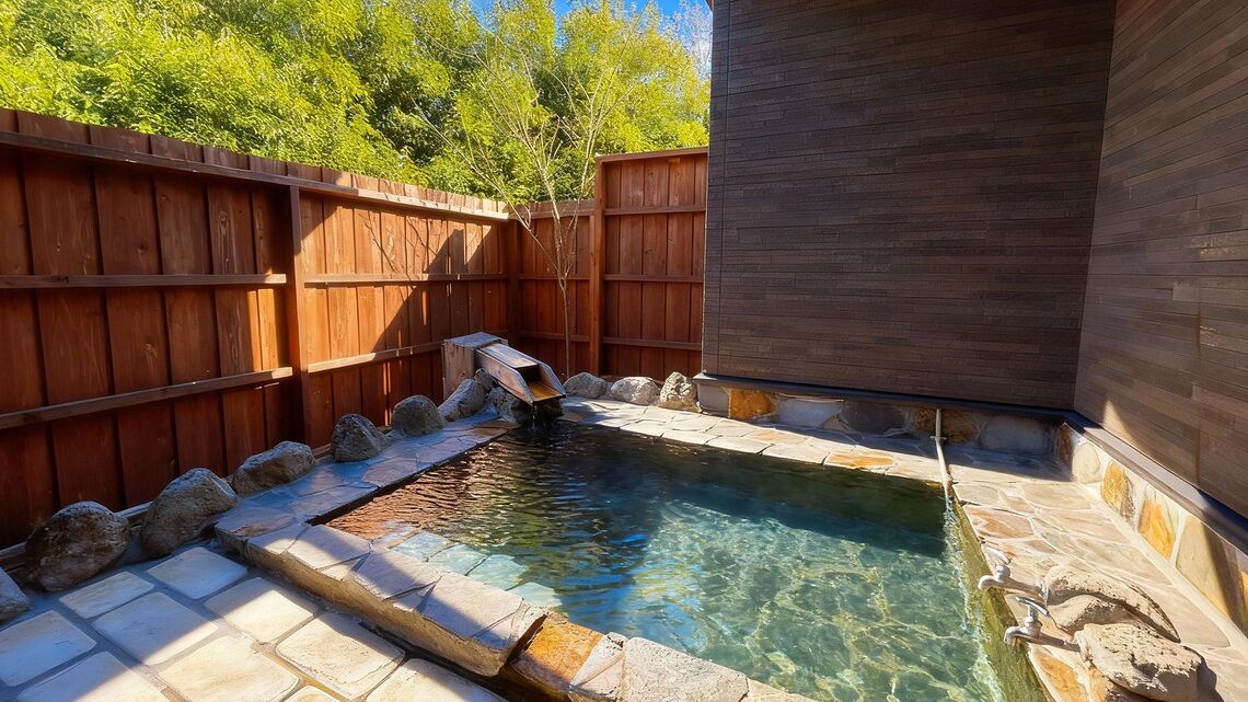 Un jardin avec un jacuzzi, des marches en pierre et une clôture en bois.