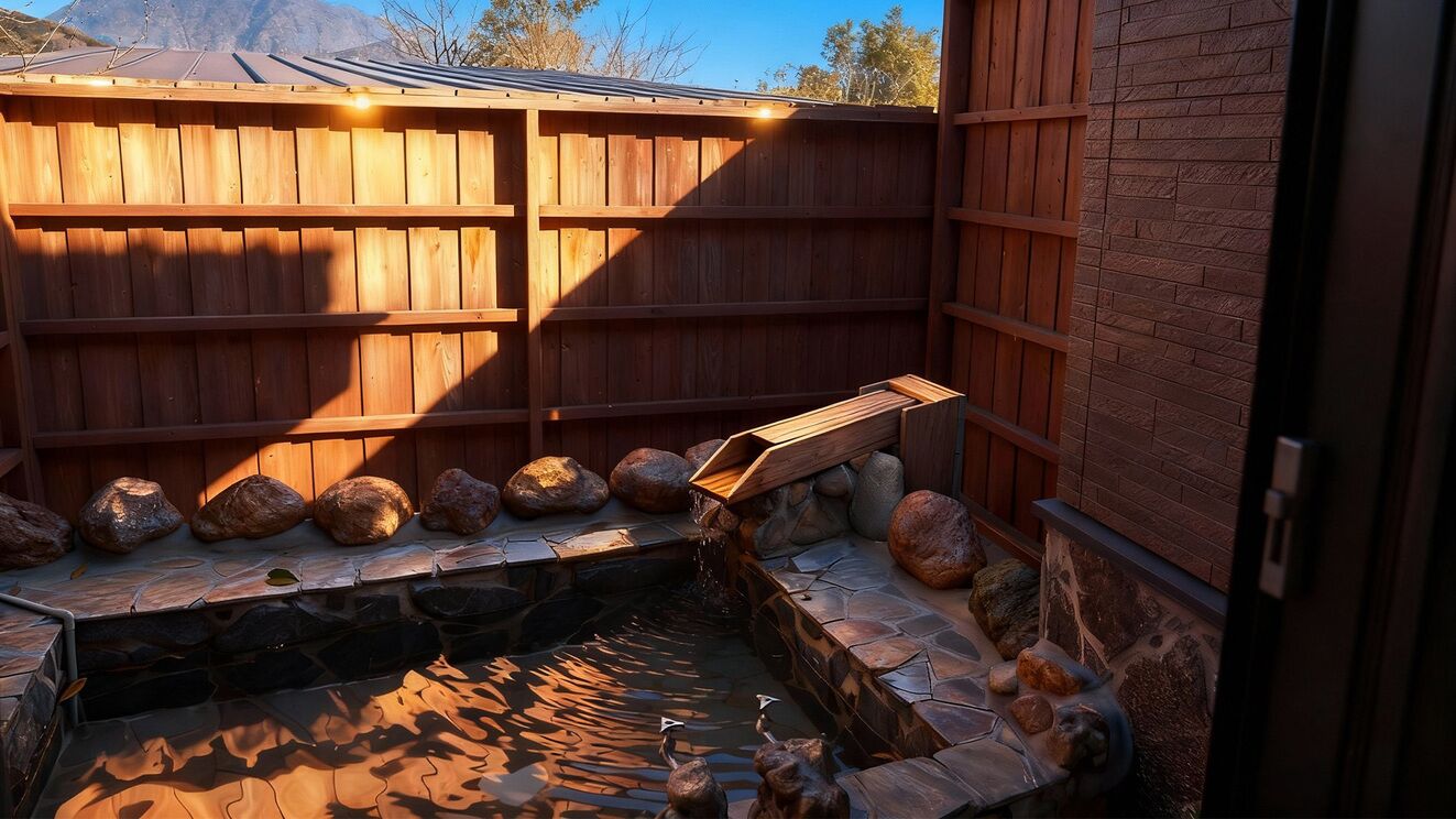 Une terrasse en bois avec un bain à remous bordé de pierres, entourée de gros rochers et d’une clôture en bois.