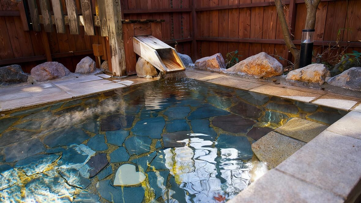 Une piscine bordée de pierres, avec une structure en bois et des rochers tout autour.