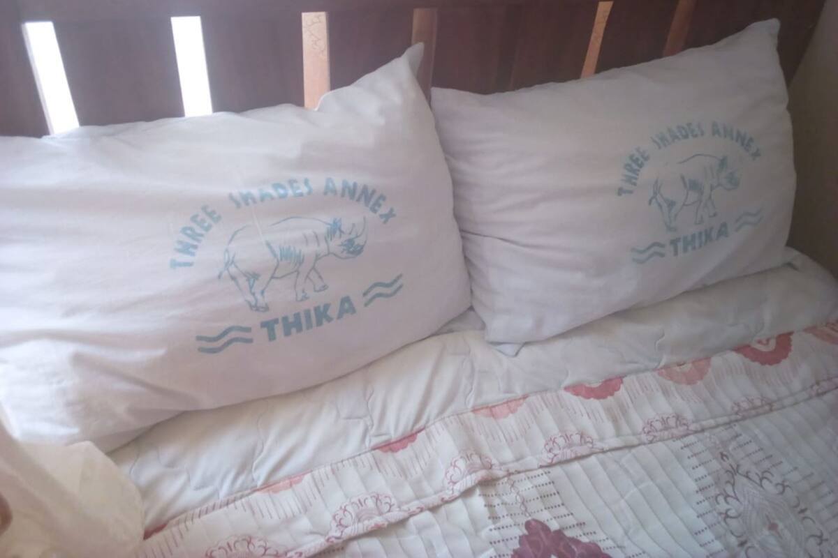 A bed with two pillows featuring a rhino and text.