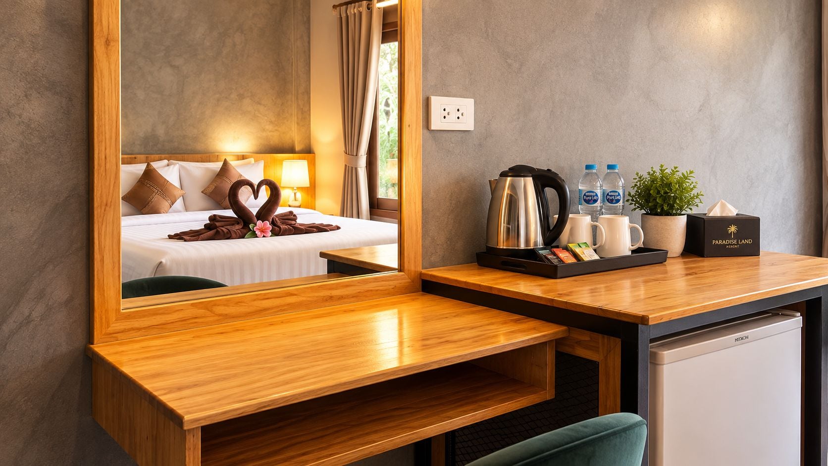 Una camera d'albergo con un letto, una scrivania in legno, una macchina per il caffè, un bollitore, una pianta e un minibar.