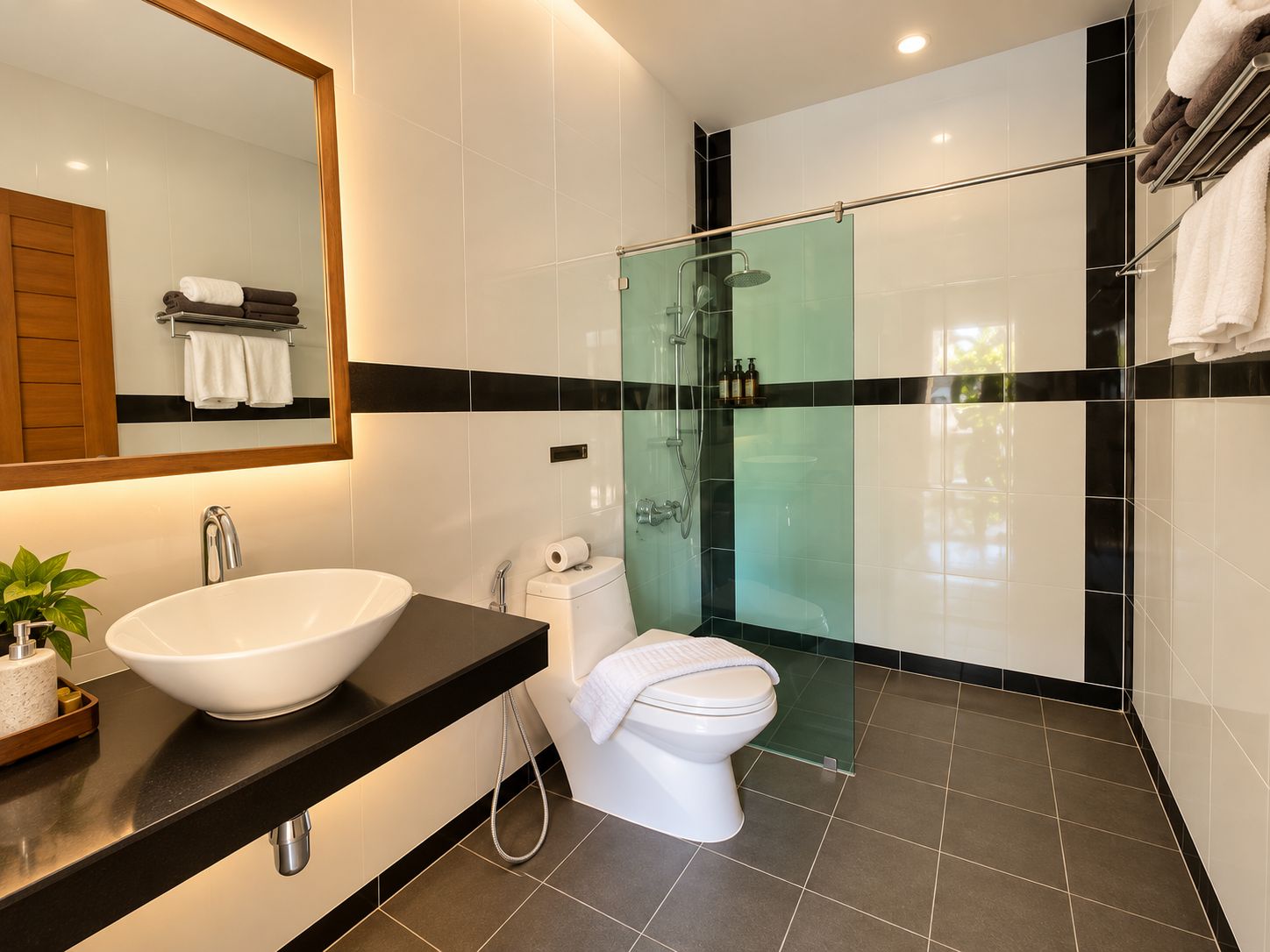 Un baño moderno con un lavamanos grande blanco, un inodoro y una zona de ducha con mampara de vidrio.