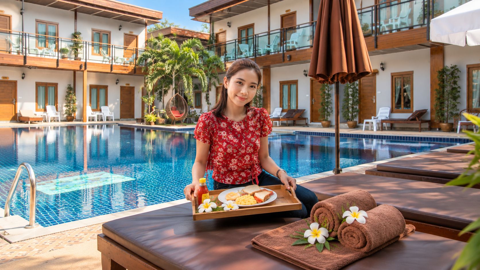 Uma pessoa sentada à beira da piscina, com uma bandeja de comida e toalhas, em meio a espreguiçadeiras e ao próprio pool.