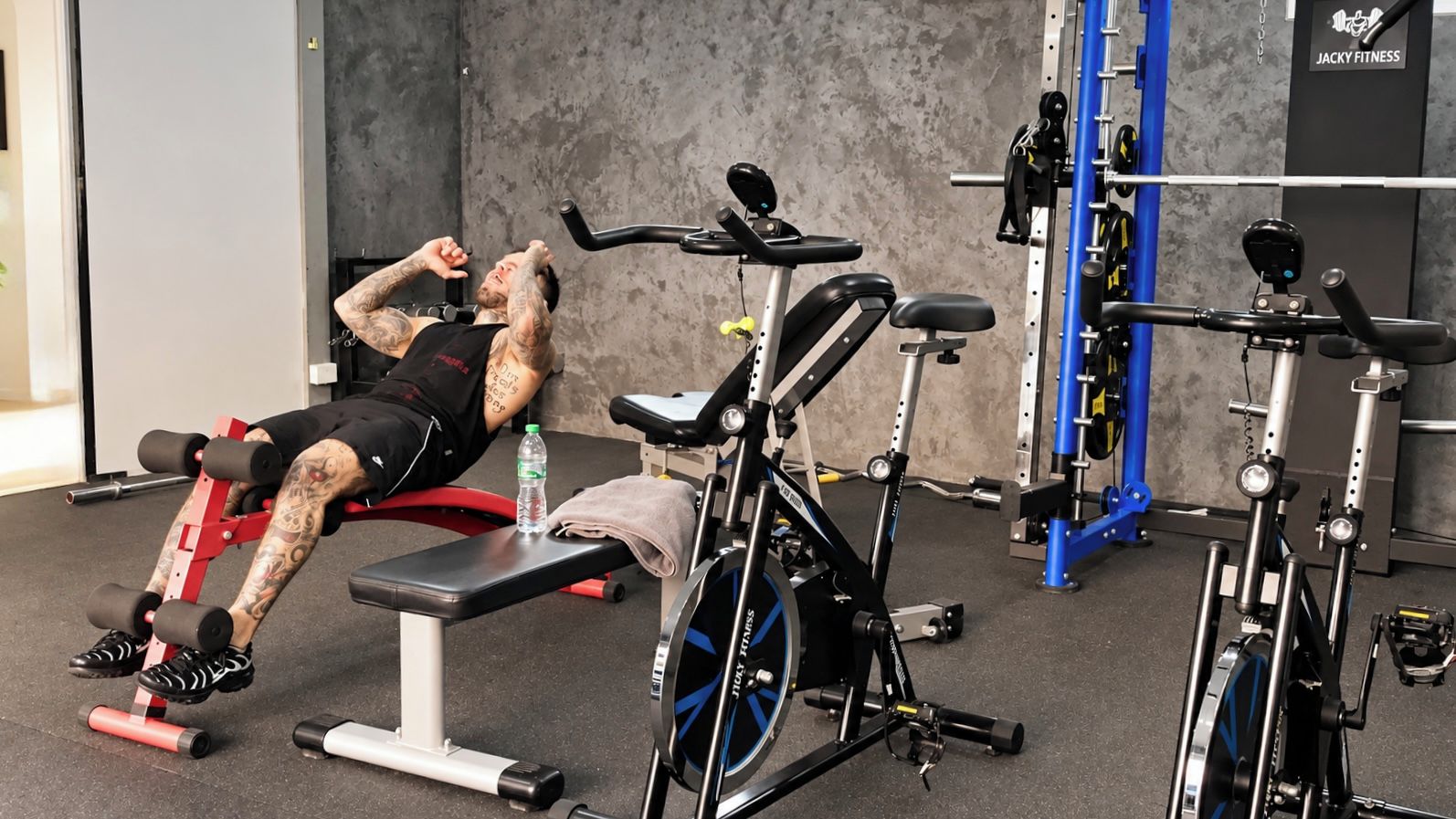 A gym with exercise equipment, a bench, and a water bottle on the floor.