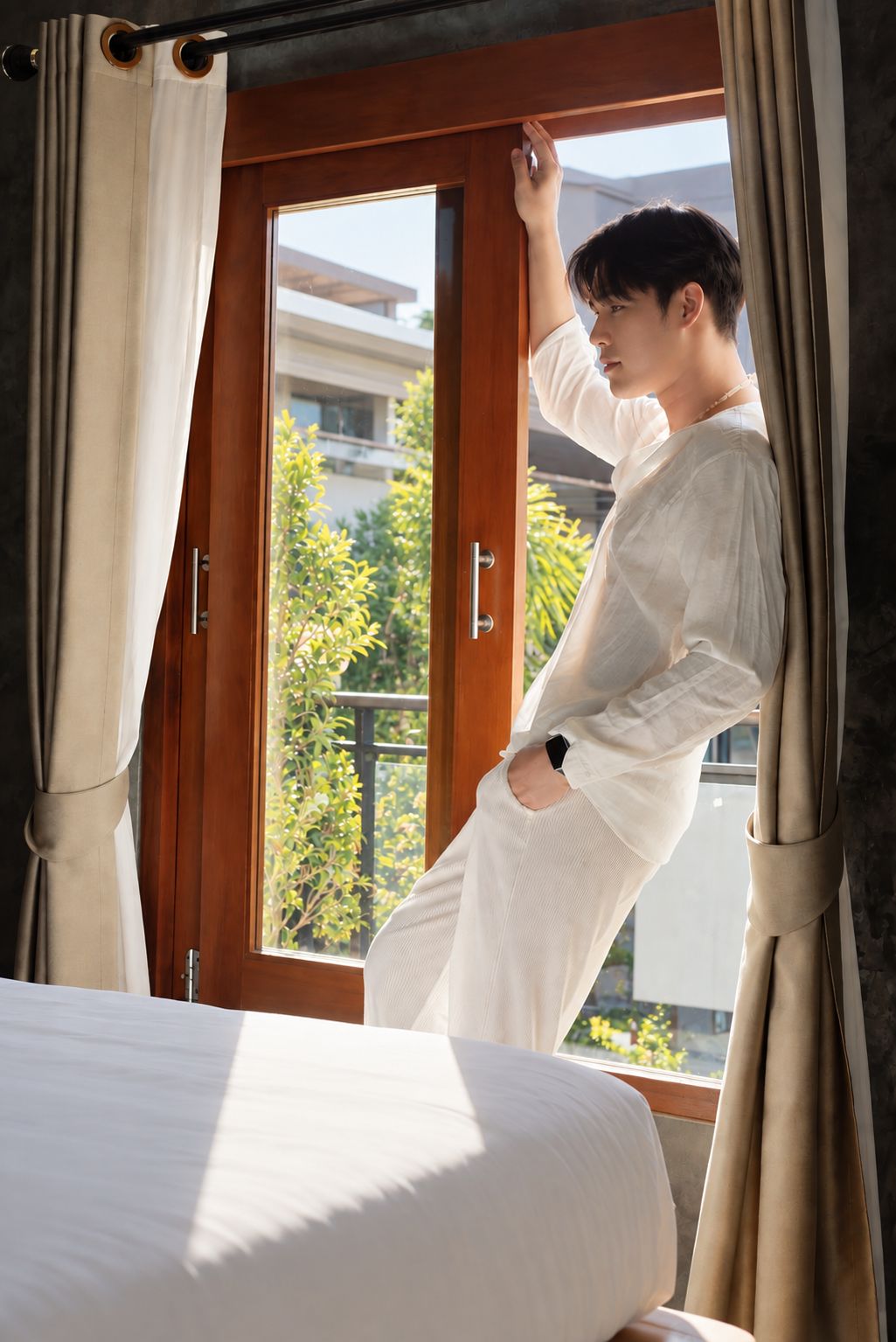 Une personne se tient près d’une fenêtre, des rideaux sont visibles, il y a un lit avec un matelas blanc, et on aperçoit de la verdure à l’extérieur.