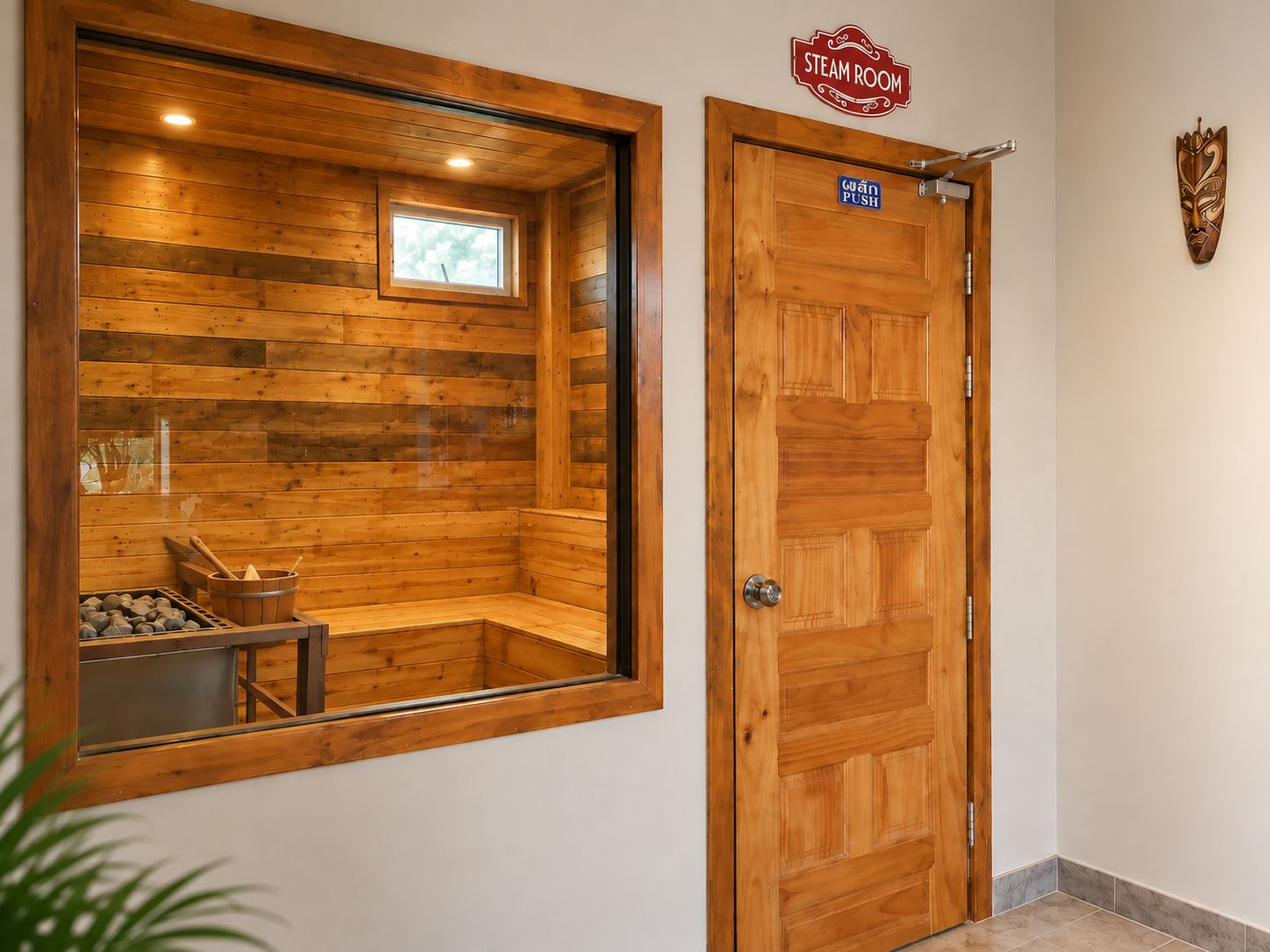 Una sauna in legno con una finestra, una porta con un cartello e una maschera decorativa al muro.