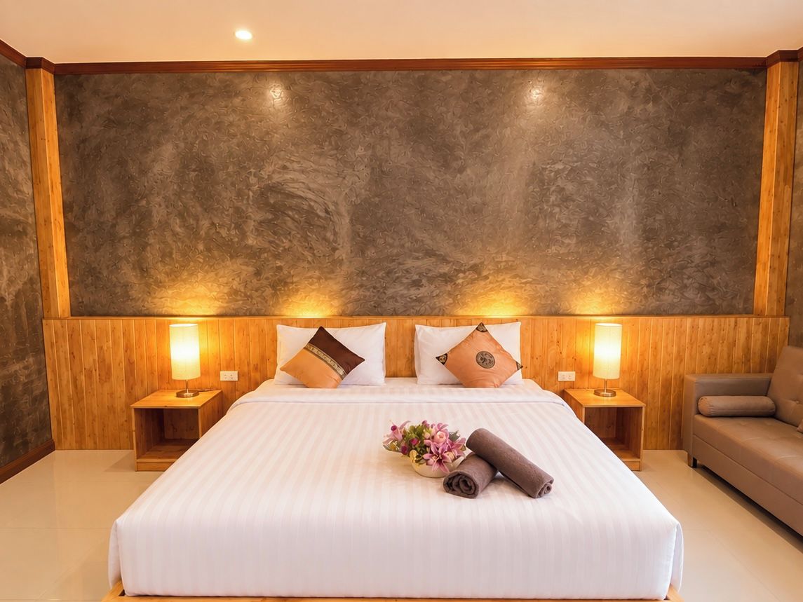 A hotel room with a large bed, wooden headboard, two bedside tables with lamps, a sofa, and a decorative pillow.