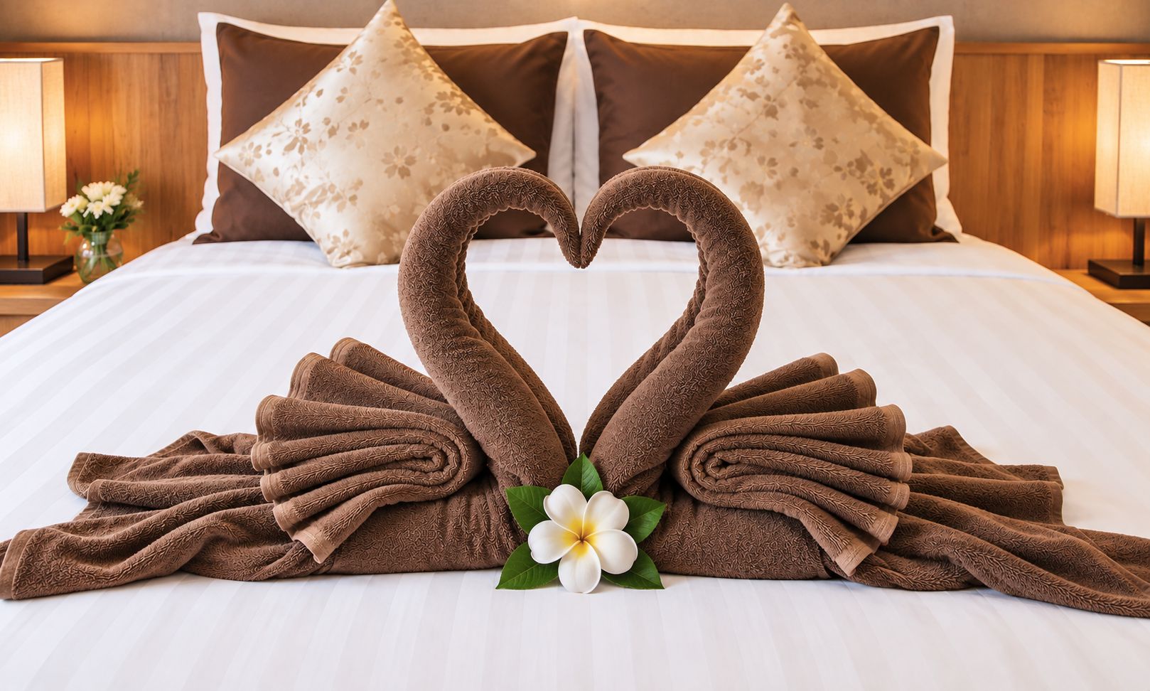 A neatly made bed with a towel arrangement in the shape of a swan, pillows, and a vase with flowers.