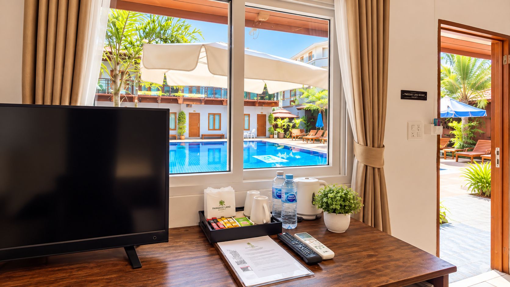 Quarto de hotel com televisão, mesa com controle remoto, garrafas de água, planta e vista para piscina e área de estar externa.