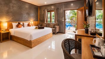 Habitación de hotel moderna con una cama grande, un escritorio con silla, televisión y vista a una piscina.