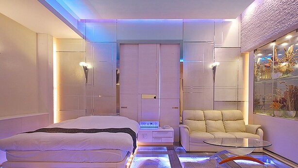 Une chambre à coucher moderne avec un lit, un canapé, une table basse en verre et une plante décorative.