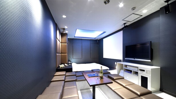 A modern hotel room with a sofa bed, a flat-screen TV, a small table with a bottle and glasses, and a skylight.
