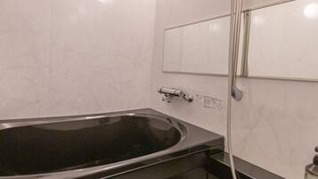 Separate bathtub and shower, hair dryer, slippers, bidet