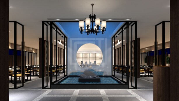 A modern hotel lobby with a central water feature, a chandelier, and a view of the dining area. - Qianna Jiuhe Boutique Hotel Zhoukou Shop (Zhoukou)