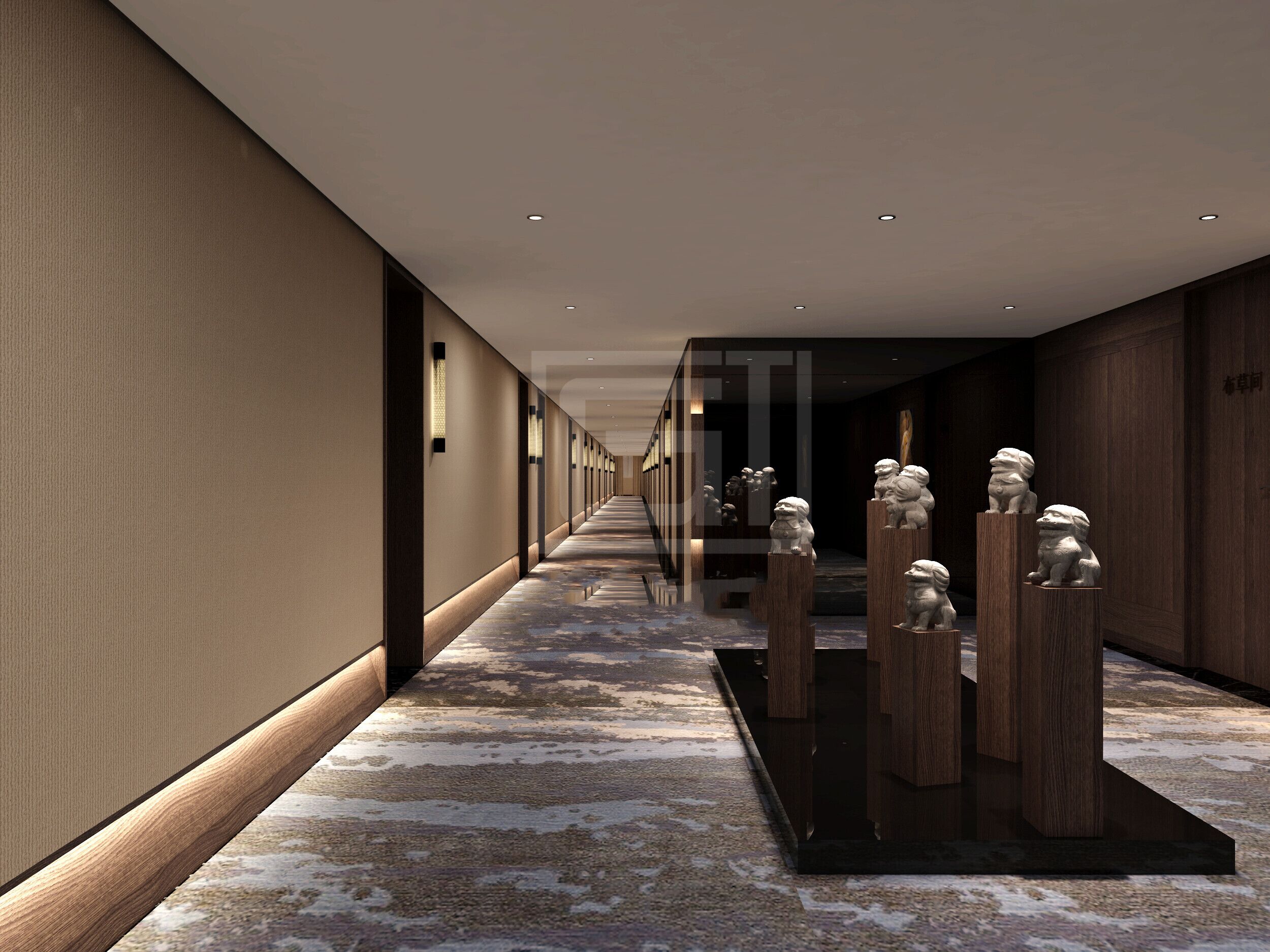 A long, narrow hallway with a patterned floor, wooden pillars, and stone statues.