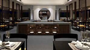 A modern restaurant interior with a central island, high ceiling with slatted design, and multiple dining tables with chairs. - Qianna Jiuhe Boutique Hotel Zhoukou Shop (Zhoukou)