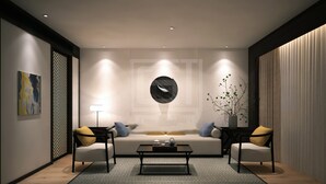 A modern living room with a sofa set, a coffee table, and a decorative wall piece. - Qianna Jiuhe Boutique Hotel Zhoukou Shop (Zhoukou)