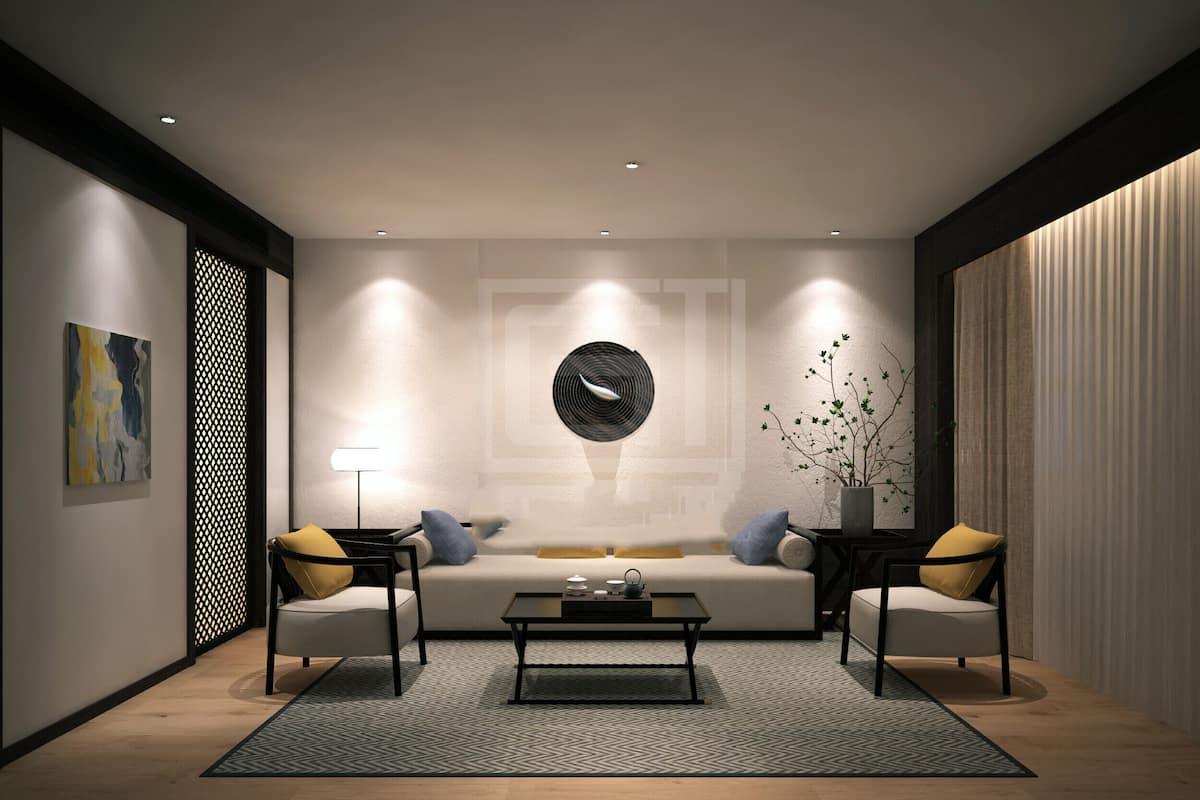 A modern living room with a sofa set, a coffee table, and a decorative wall piece.